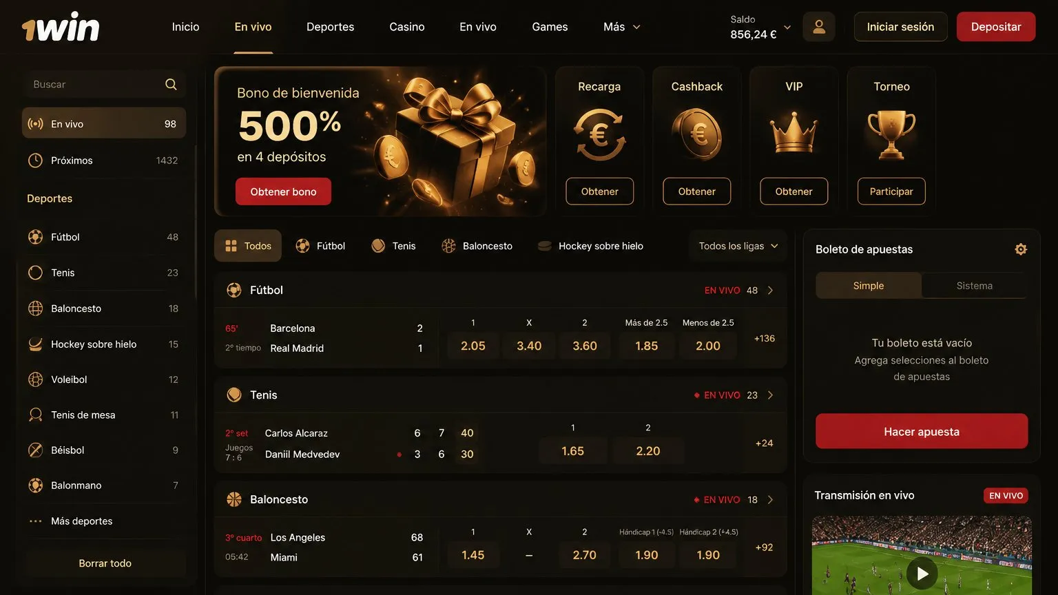Fútbol, tenis, baloncesto y esports dentro de casino 1win