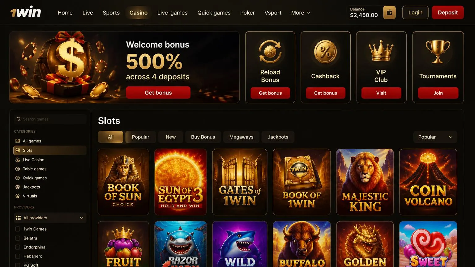 1win casino: game categories and software studios