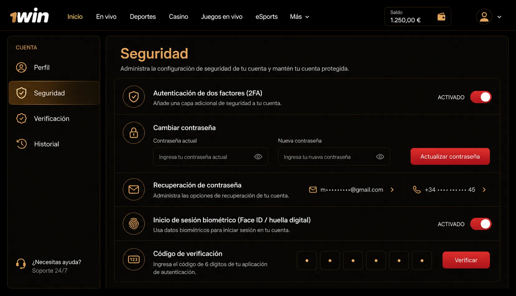Seguridad de la cuenta 1win: 2FA, reglas de contraseña e inicio de sesión biométrico