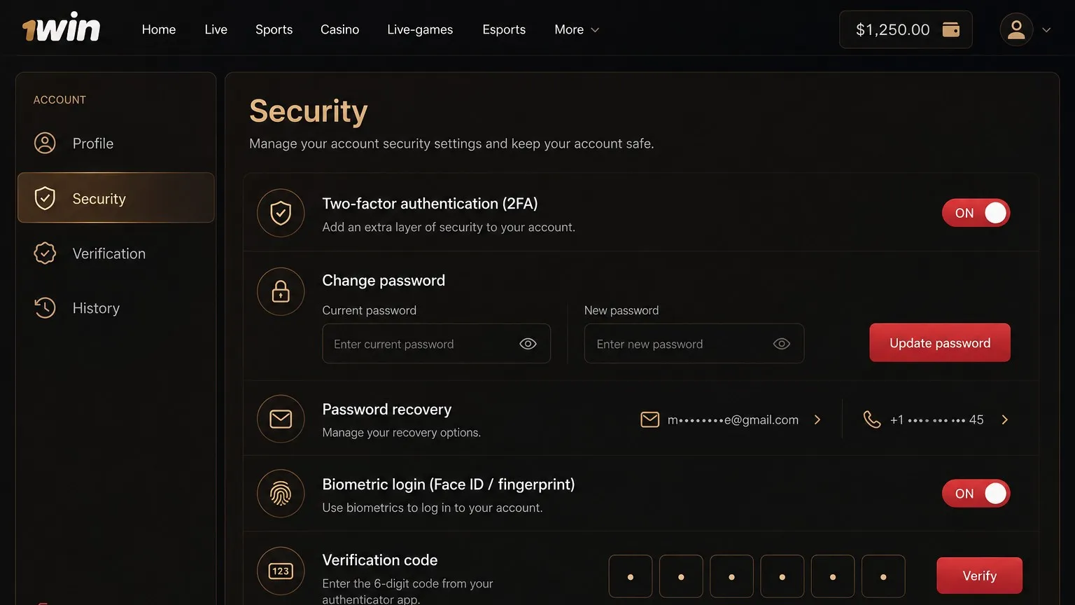 1win account security: 2FA, password rules and biometric